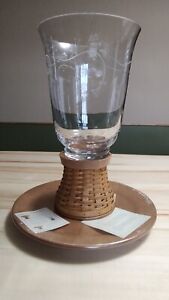 Longaberger Etched Glass Hurricane with Woven Pedestal Stand And Platter