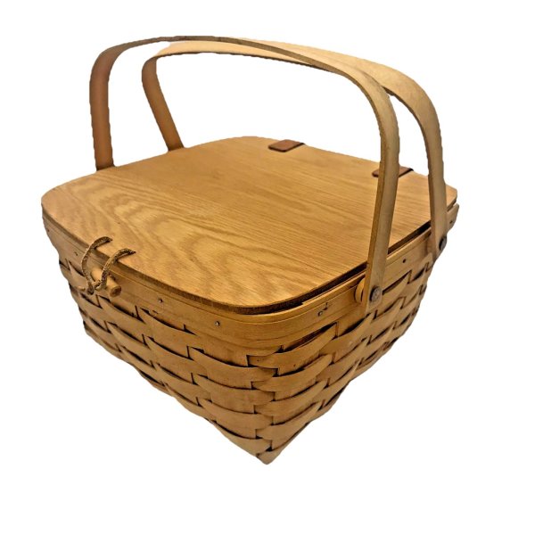 VTG 1998 Signed LONGABERGER Large BASKET HAND WOVEN PICNIC/PIE CARRIER 12"x12"