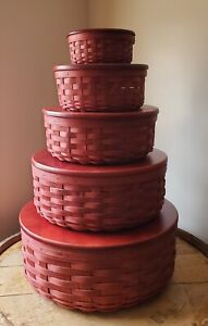 Longaberger Red Paprika Round Keeping Baskets Stackable Set-Christmas -Farmhouse