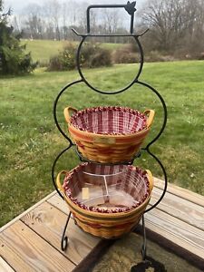 Longaberger Foundry Wrought Iron Snowman Stand & 1999 Popcorn & Pinecone Baskets