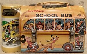 Vintage 1960s Walt Disney School Bus Steel Lunchbox & Plastic Thermos Sealed