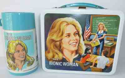 1978 Vintage BIONIC WOMAN Metal LUNCH BOX and THERMOS -- Excellent