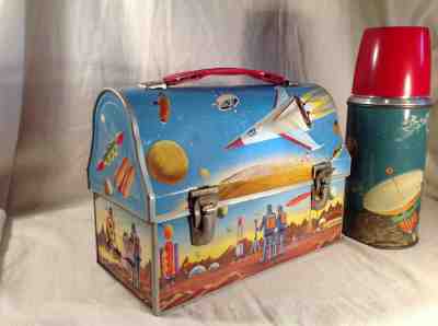 1960 Astronaut : vintage dome metal lunch box with thermos bottle