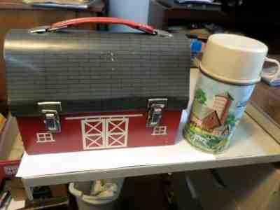Vintage 1950s 1958 Red Barn Metal Dome Lunchbox Open Doors with - Ruby Lane