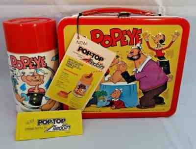 1980 Popeye Metal Lunch Box and Thermos, Box Has Rust But Handle