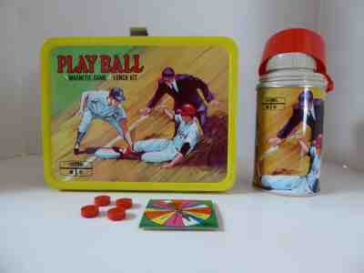 Play Ball Magnetic Lunch Box with game pieces Thermos Vintage Baseball 1969 