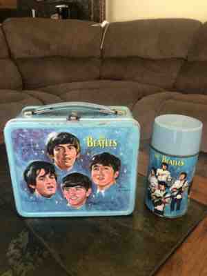 VINTAGE METAL 1965 BEATLES BLUE LUNCH BOX WITH THERMOS Htf