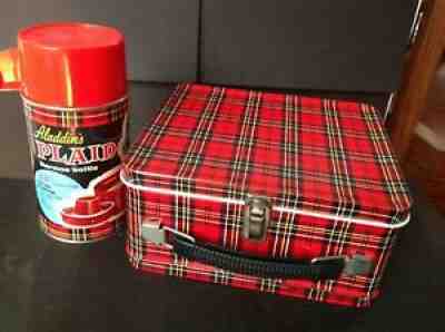 Vintage 1950s Aladdin Red Plaid Metal Lunch Box Thermos, Safety