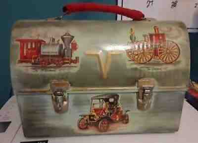 Thermos "victory" Vintage Metal Lunch Box Hand Painted w/ locomotives & cars