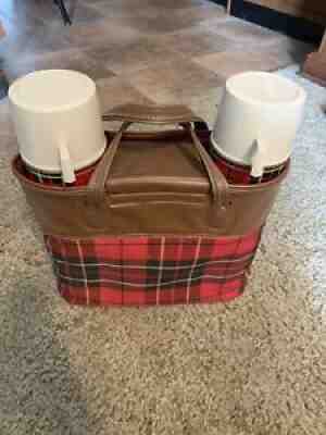 Vintage 4 Pc Picnic Bag and Thermos Set / Retro 70s Red Plaid 