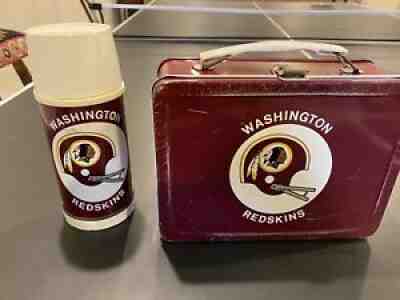 VINTAGE WASHINGTON REDSKINS METAL LUNCH BOX WITH THERMOS, COMPLETE SET