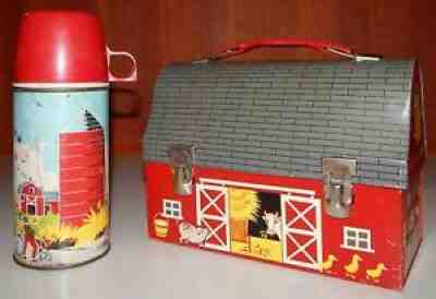 Vintage 1950s 1958 Red Barn Metal Dome Lunchbox Open Doors with - Ruby Lane