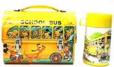 Vintage 1960s Walt Disney School Bus Dome Metal Lunch Box Thermos Rare Excellent