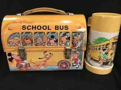 Walt Disney School Bus Vintage 1960s Metal Lunchbox "WITH RARE" Thermos Inside!