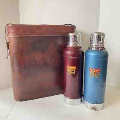Vintage 1920â??s Stanley Double Thermos Tin Lunchbox Set In Leather Case