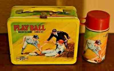 Rare Vintage 1969 King Seely PLAY BALL METAL LUNCHBOX with THERMOS Top Stopper