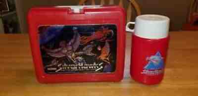Vintage Silver Hawks Red Plastic Thermos Lunch Box With Thermos 1986