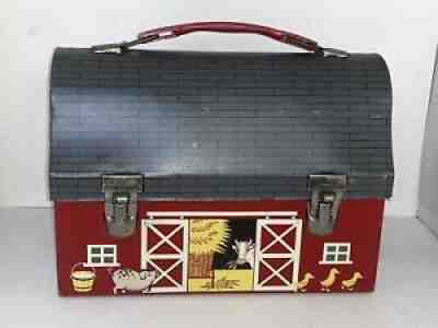 Vintage 1950s 1958 Red Barn Metal Dome Lunchbox Open Doors with - Ruby Lane