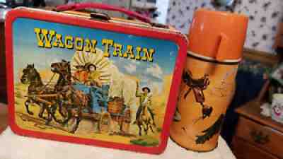 VINTAGE 1964 WAGON TRAIN METAL LUNCH BOX with THERMOS