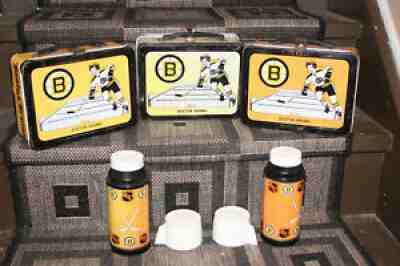 three Rare Vintage 1973 Metal Boston Bruins NHL Hockey Lunchbox & 2 Thermos