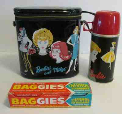 VINTAGE BARBIE LUNCH BOX TOTE THERMOS WATER BOTTLE & SHOULDER  STRAP~NEW~GROOVY
