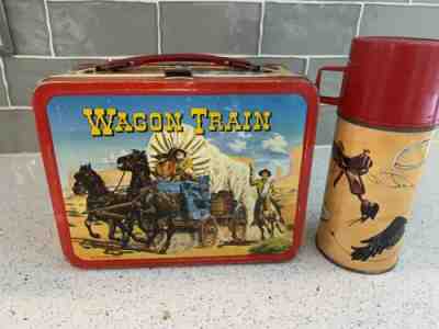 Antique Vintage Metal 1964 Wagon Train Lunch Box with Thermos