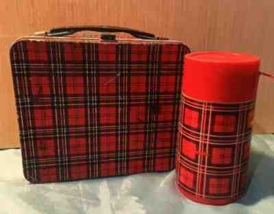 Vintage 1950s Aladdin Red Plaid Metal Lunch Box Thermos, Safety