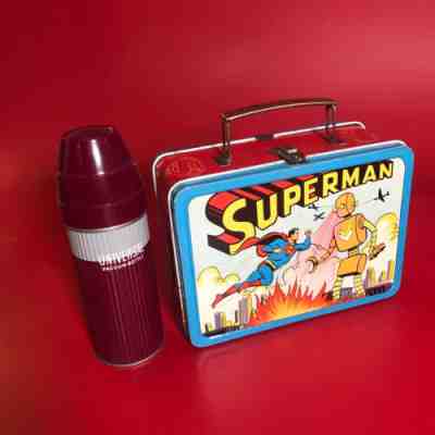 VINTAGE 1954 SUPERMAN TIN LUNCH BOX w/ORIGINAL UNIVERSAL VACUUM BOTTLE