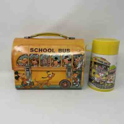Rare Vintage 1960s Aladdin Walt Disney School Bus Metal Lunch Box w Thermos