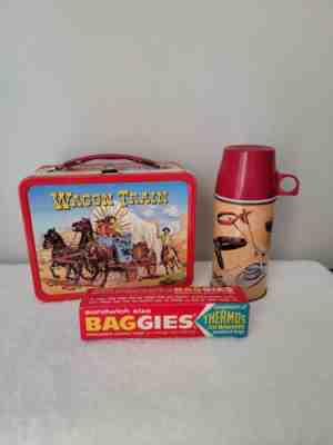 Vintage 1964 Wagon Train Metal Lunchbox & Thermos with Baggies Tags, Rare!!