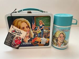 Brand New! Vintage 1978 THE BIONIC WOMAN METAL LUNCHBOX with THERMOS Super Mint!