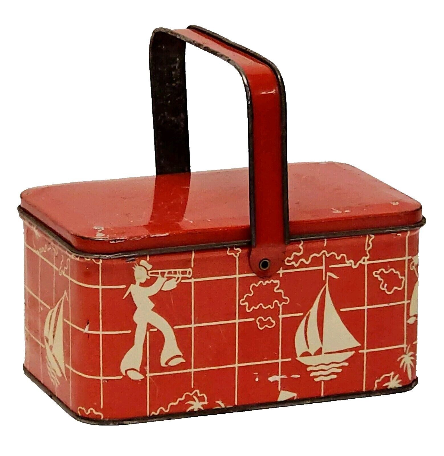 1940's Vintage Lunch Box  SAILOR SAIL BOAT Litho Tin Lunchbox Candy Box Red RARE