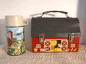 Mid Century Lunchbox and Thermos Farm Set