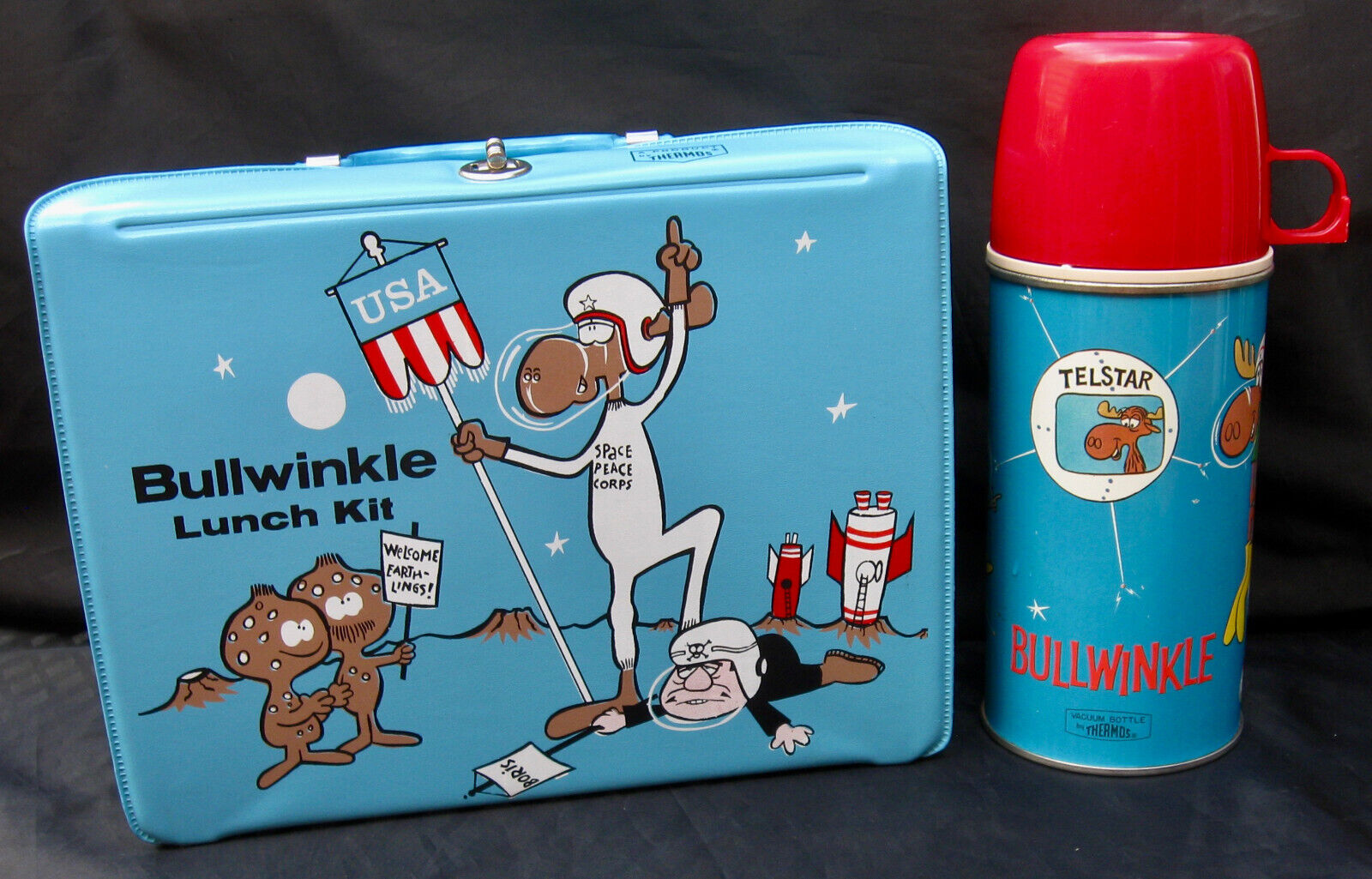 Vintage BULLWINKLE TELSTAR Lunchbox & Thermos - R-9 RARE (1963) C-8.5 Awesome!