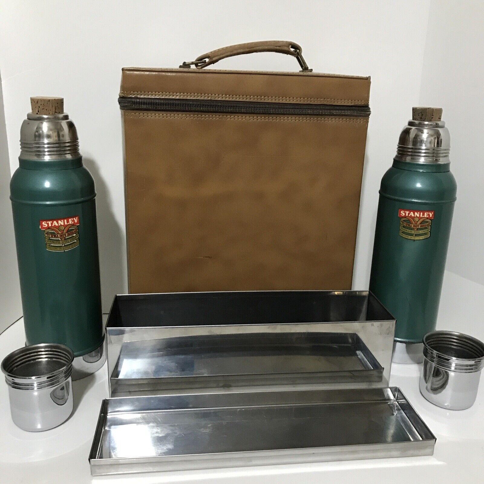 Vintage 2-Stanley Thermos with Lunch Box and Leather Case (9-59