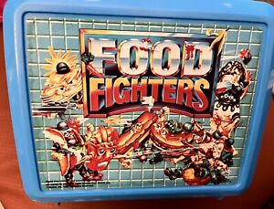 Vtg 88 Aladdin Food Fighters Blue Plastic Lunchbox w/Metal Latch With Thermos