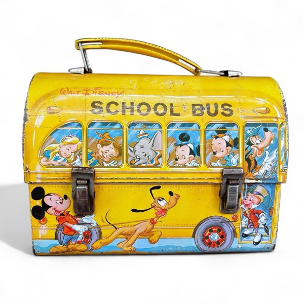 Vintage 1960S Aladdin Walt Disney SCHOOL BUS Lunchbox & 2 Thermos