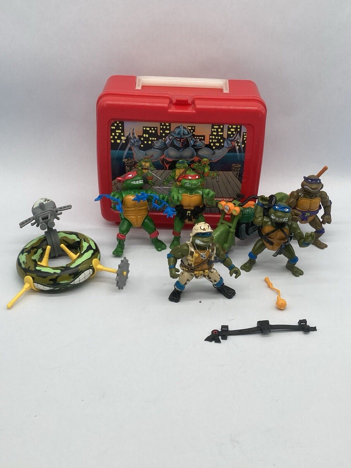 Vintage Teenage Mutant Ninja Turtles Lot 5 Action Figures 2 Vehicles Lunchbox +