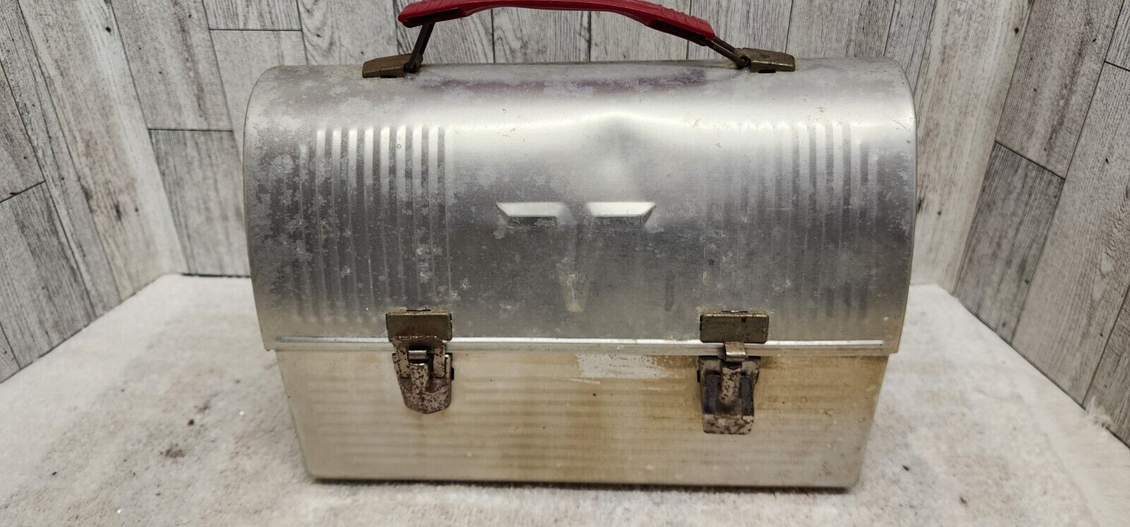 Vtg THERMOS Silver Aluminum Domed Miners Lunch Box Pail 60s V Victory W/ Thermos