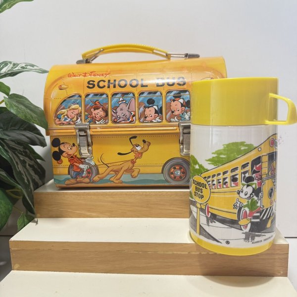 Vintage 1960s Aladdin Walt Disney School Bus Metal Lunch Box With Thermos