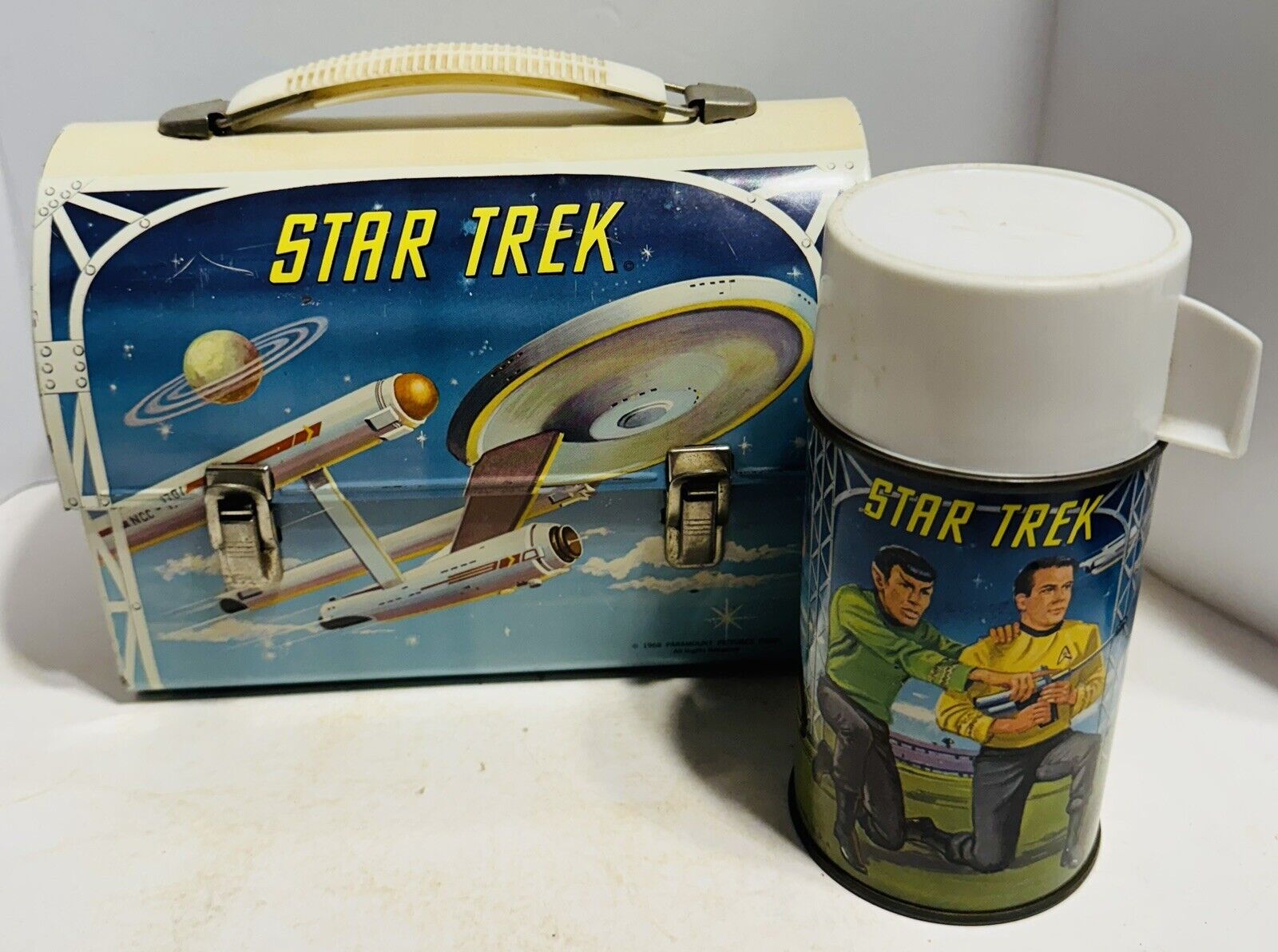 Vintage 1968 Star Trek Dome Metal Lunchbox & Matching Metal Thermos