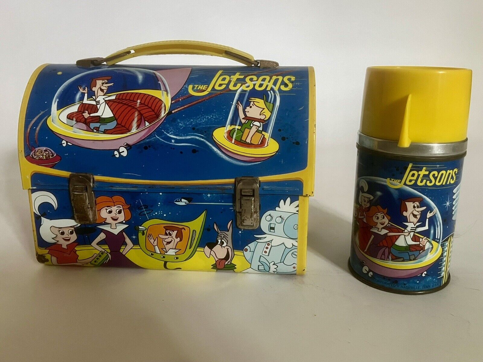 Excellent Vintage 1963 The Jetsons Dome Top Metal Lunchbox and Thermos Aladdin