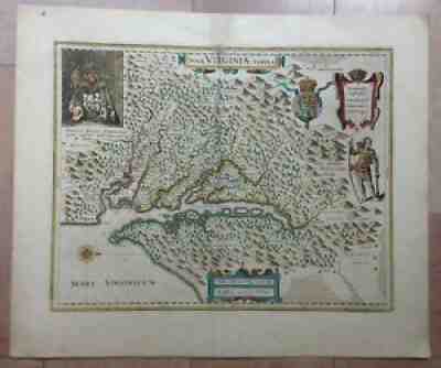 VIRGINIA AMERICA 1635 WILLEM BLAEU UNUSUAL LARGE ANTIQUE MAP 17e CENTURY