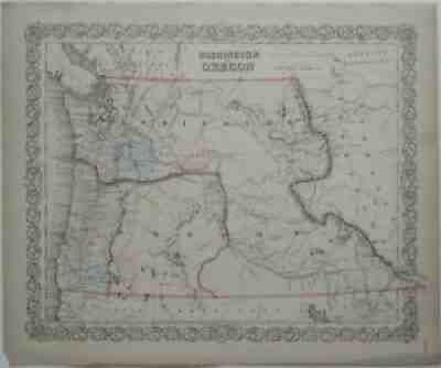 Original 1856 J.H. Colton Map WASHINGTON OREGON Indian Tribes Wagon Trails Forts