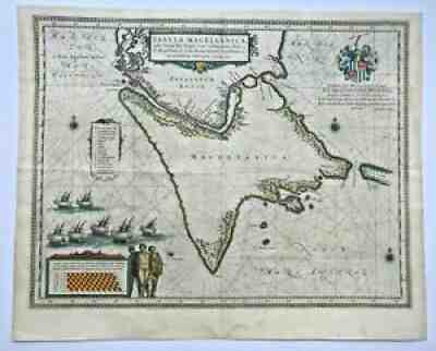 STRAIT OF MAGELLAN 1640 WILLEM BLAEU LARGE UNUSUAL NICE ANTIQUE MAP 17th CENTURY