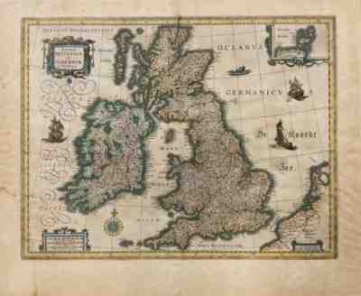 BRITISH ISLES 1635 WILLEM BLAEU LARGE ANTIQUE ENGRAVED MAP 17e CENTURY