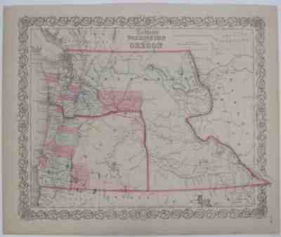 Original 1859 J.H. Colton Map WASHINGTON OREGON Indian Tribes Wagon Trails Forts