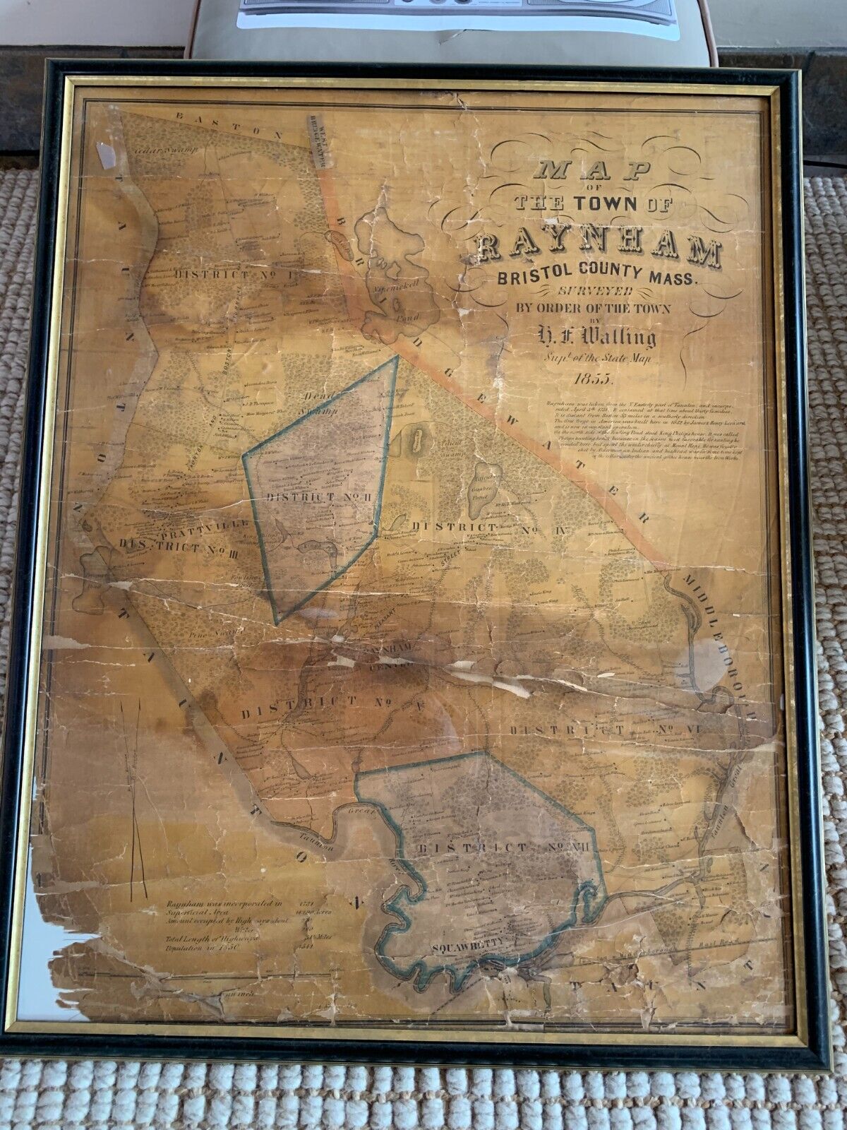 Antique 1855 Town Map Raynham MA Mass Massachusetts Henry Francis H F Walling