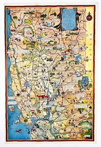 1939 Pictorial Map of Sacramento Valley California San Francisco Newton Pratt