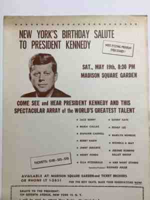 1962 President Kennedy JFK birthday handbill flyer Feat. Marilyn Monroe in NYC